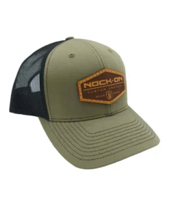 Nock On Manifest Hat, Richardson 112 hat, loden black snapback, top grain leather patch hat, breathable mesh back cap, archery hat, outdoor snapback, stylish snapback hat, durable cotton polyester hat, pre-curved visor hat, contrast stitched visor, adjustable snapback closure, mid-profile hat, six-panel hat, Nock On gear, archery apparel, high-quality snapback, versatile outdoor hat.