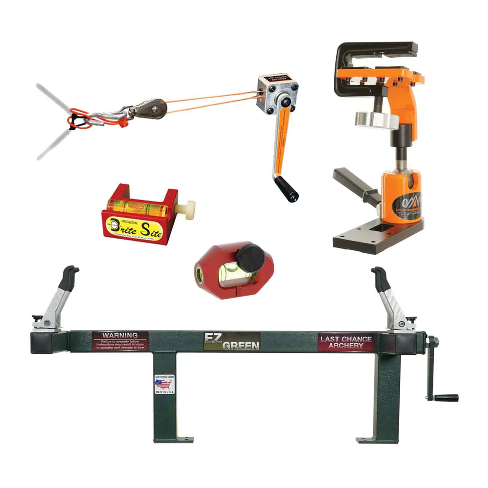 Bow press, arrow cutters, bow stringer, bow square, serving tool, arrow puller, target stands, fletching jig, rangefinder, Tools, trail cameras, hunting blinds, game calls, scent control systems, field dressing kit, broadhead wrenches, binoculars, scopes, GPS devices, multi-tool, survival knife, fire starter kits, first aid kits, portable water filter, camping cookware, climbing sticks